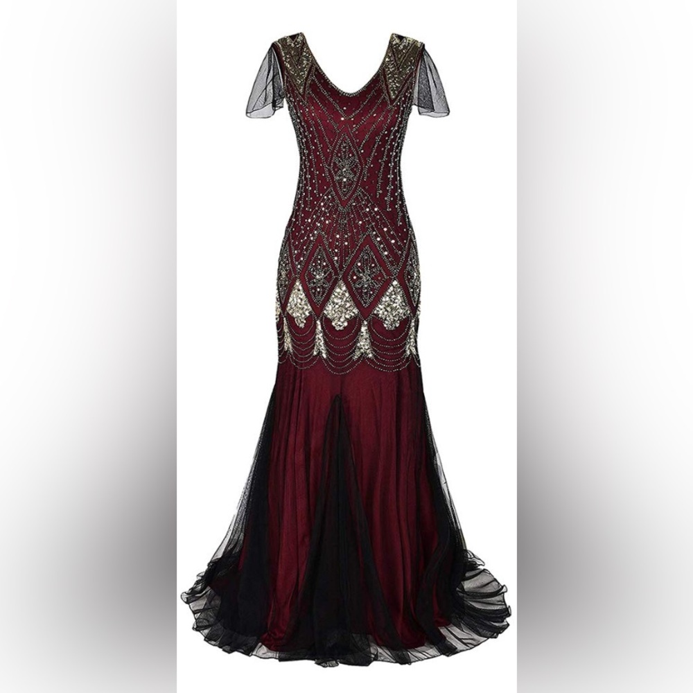 1920’s Flapper Dress Ruby Red Bejeweled Floor Length